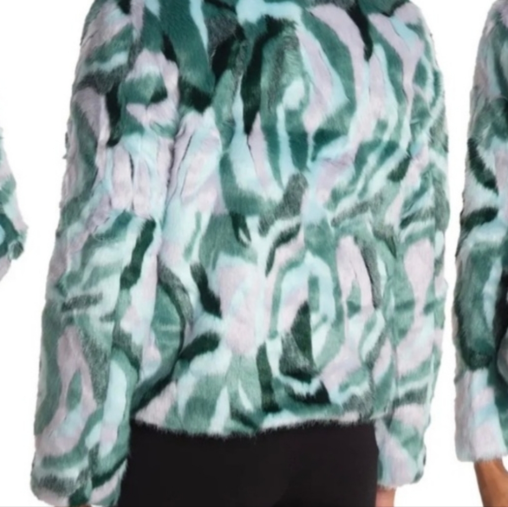 DVF x Apparis Tracy Green & Pink Patterned Faux Fur Jacket Sz L - Picture 2 of 8